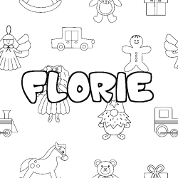 Coloriage pr&eacute;nom FLORIE - d&eacute;cor Jouets
