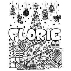 Coloriage prénom FLORIE - décor Sapin et Cadeaux