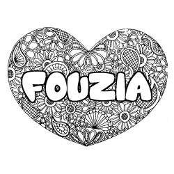 Coloriage pr&eacute;nom FOUZIA - d&eacute;cor Mandala coeur