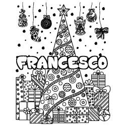Coloriage pr&eacute;nom FRANCESCO - d&eacute;cor Sapin et Cadeaux