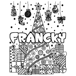 Coloriage pr&eacute;nom FRANCKY - d&eacute;cor Sapin et Cadeaux