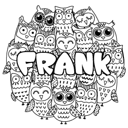 Coloriage pr&eacute;nom FRANK - d&eacute;cor Chouettes
