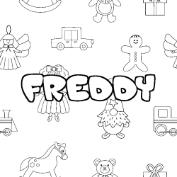 Coloriage pr&eacute;nom FREDDY - d&eacute;cor Jouets