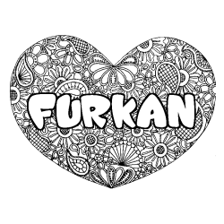 Coloriage pr&eacute;nom FURKAN - d&eacute;cor Mandala coeur