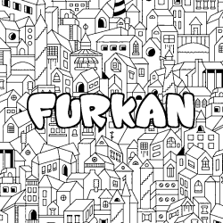 Coloriage pr&eacute;nom FURKAN - d&eacute;cor Ville