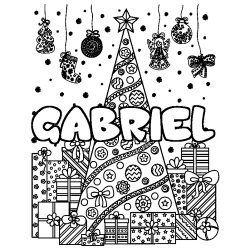 Coloriage prénom GABRIEL - décor Sapin et Cadeaux