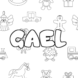 Coloriage pr&eacute;nom GAEL - d&eacute;cor Jouets