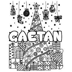 Coloriage prénom GAËTAN - décor Sapin et Cadeaux