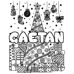 Coloriage pr&eacute;nom GA&Euml;TAN - d&eacute;cor Sapin et Cadeaux