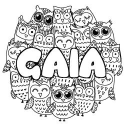 Coloriage pr&eacute;nom GAIA - d&eacute;cor Chouettes