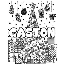 Coloriage prénom GASTON - décor Sapin et Cadeaux