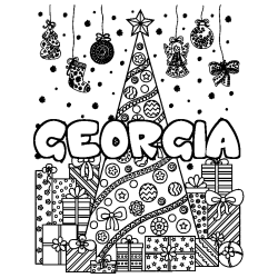 Coloriage pr&eacute;nom GEORGIA - d&eacute;cor Sapin et Cadeaux