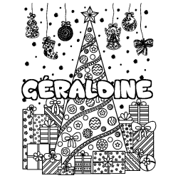 Coloriage prénom GÉRALDINE - décor Sapin et Cadeaux