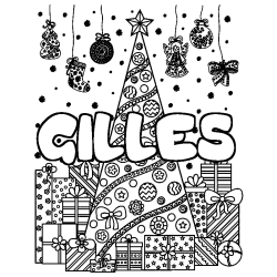 Coloriage prénom GILLES - décor Sapin et Cadeaux