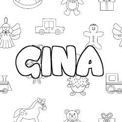 Coloriage pr&eacute;nom GINA - d&eacute;cor Jouets