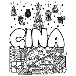 Coloriage pr&eacute;nom GINA - d&eacute;cor Sapin et Cadeaux