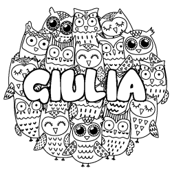 Coloriage prénom GIULIA - décor Chouettes