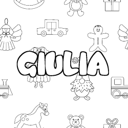Coloriage prénom GIULIA - décor Jouets