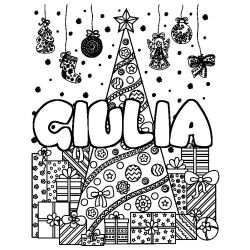 Coloriage prénom GIULIA - décor Sapin et Cadeaux