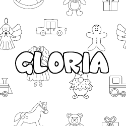 Coloriage pr&eacute;nom GLORIA - d&eacute;cor Jouets