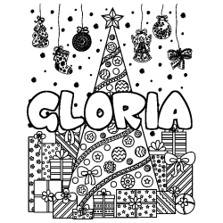 Coloriage pr&eacute;nom GLORIA - d&eacute;cor Sapin et Cadeaux