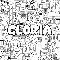 Coloriage pr&eacute;nom GLORIA - d&eacute;cor Ville