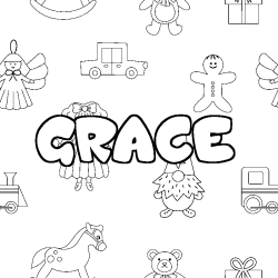 Coloriage pr&eacute;nom GRACE - d&eacute;cor Jouets