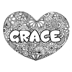 Coloriage pr&eacute;nom GRACE - d&eacute;cor Mandala coeur