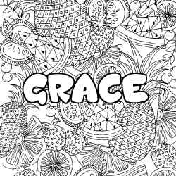 Coloriage pr&eacute;nom GRACE - d&eacute;cor Mandala fruits