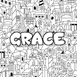 Coloriage pr&eacute;nom GRACE - d&eacute;cor Ville