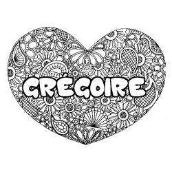 Coloriage prénom GRÉGOIRE - décor Mandala coeur
