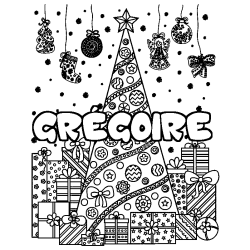 Coloriage prénom GRÉGOIRE - décor Sapin et Cadeaux