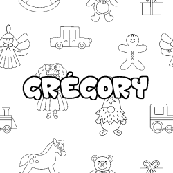 Coloriage pr&eacute;nom GR&Eacute;GORY - d&eacute;cor Jouets
