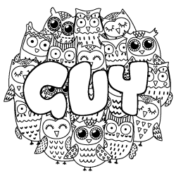 Coloriage pr&eacute;nom GUY - d&eacute;cor Chouettes