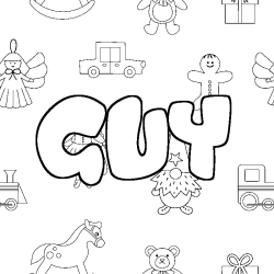 Coloriage prénom GUY - décor Jouets
