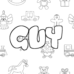 Coloriage pr&eacute;nom GUY - d&eacute;cor Jouets