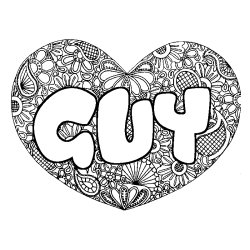 Coloriage pr&eacute;nom GUY - d&eacute;cor Mandala coeur