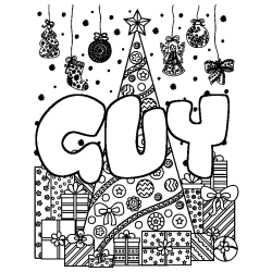 Coloriage pr&eacute;nom GUY - d&eacute;cor Sapin et Cadeaux