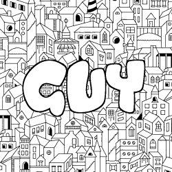 Coloriage pr&eacute;nom GUY - d&eacute;cor Ville
