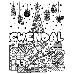 Coloriage pr&eacute;nom GWENDAL - d&eacute;cor Sapin et Cadeaux