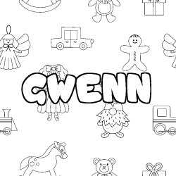 Coloriage prénom GWENN - décor Jouets