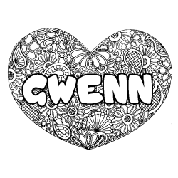 Coloriage pr&eacute;nom GWENN - d&eacute;cor Mandala coeur