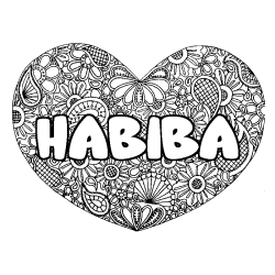 Coloriage prénom HABIBA - décor Mandala coeur
