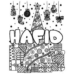 Coloriage prénom HAFID - décor Sapin et Cadeaux
