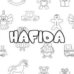 Coloriage prénom HAFIDA - décor Jouets