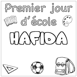 Coloriage prénom HAFIDA - décor Premier jour d'école