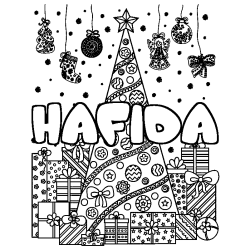Coloriage pr&eacute;nom HAFIDA - d&eacute;cor Sapin et Cadeaux