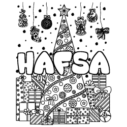 Coloriage prénom HAFSA - décor Sapin et Cadeaux