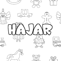 Coloriage pr&eacute;nom HAJAR - d&eacute;cor Jouets