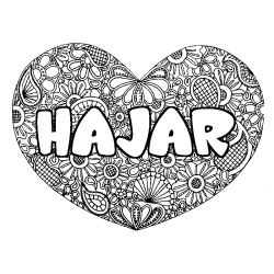 Coloriage pr&eacute;nom HAJAR - d&eacute;cor Mandala coeur